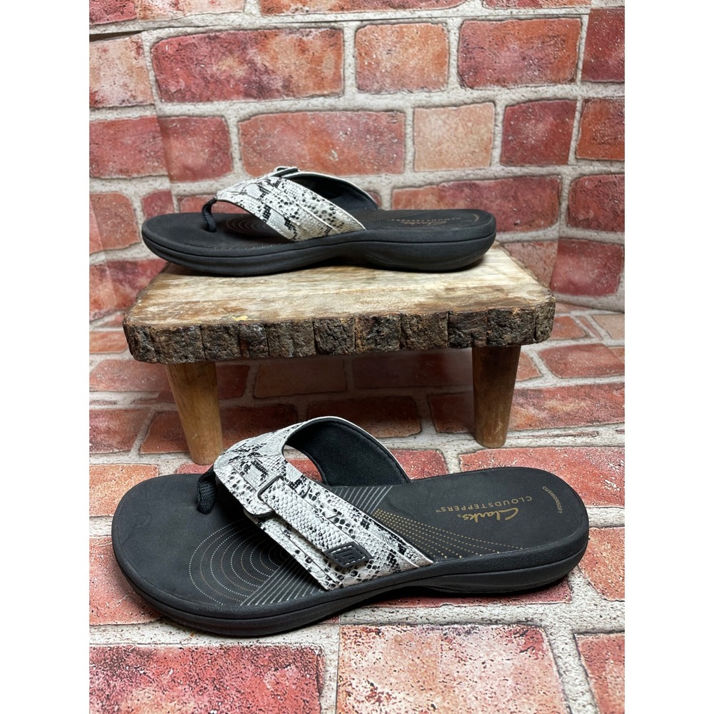 Clarks Cloudsteppers Arla Glitz Snakeskin Flip Flop Sandals Grey White Womens 7